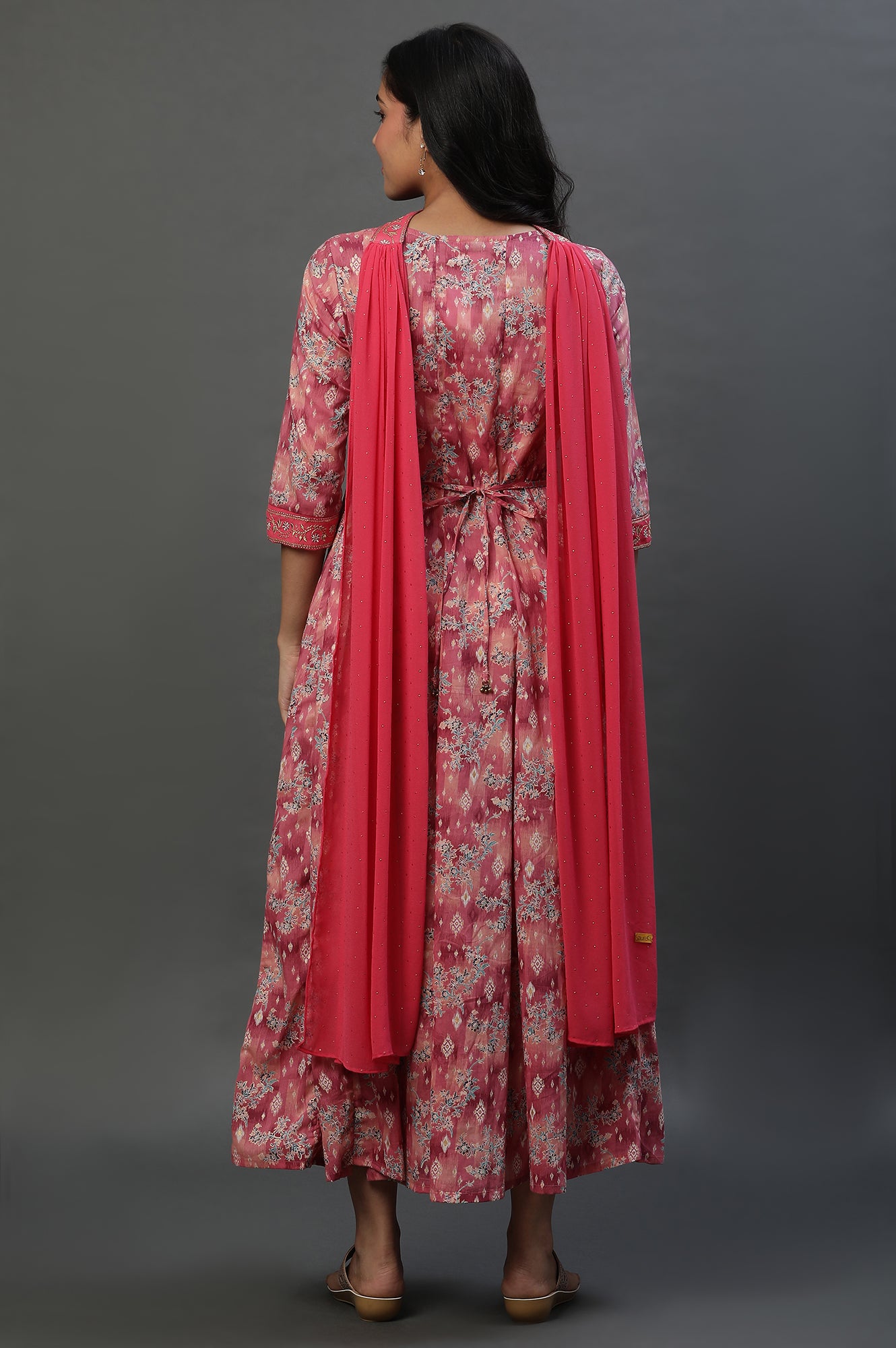 Pink Floral Printed Anarkali Dress with Choker Dupatta