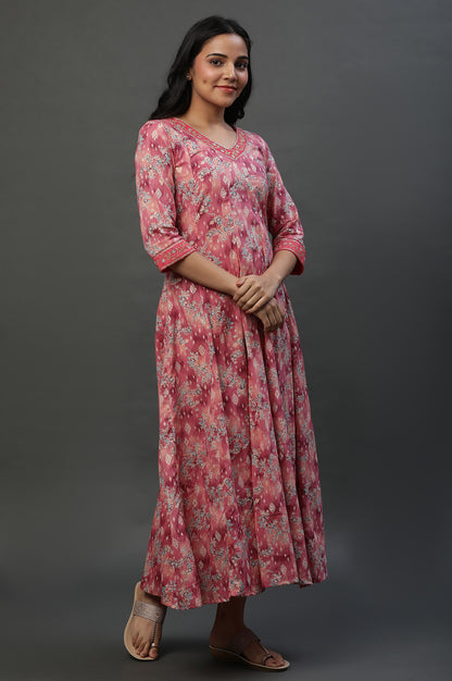 Pink Floral Printed Anarkali Dress with Choker Dupatta