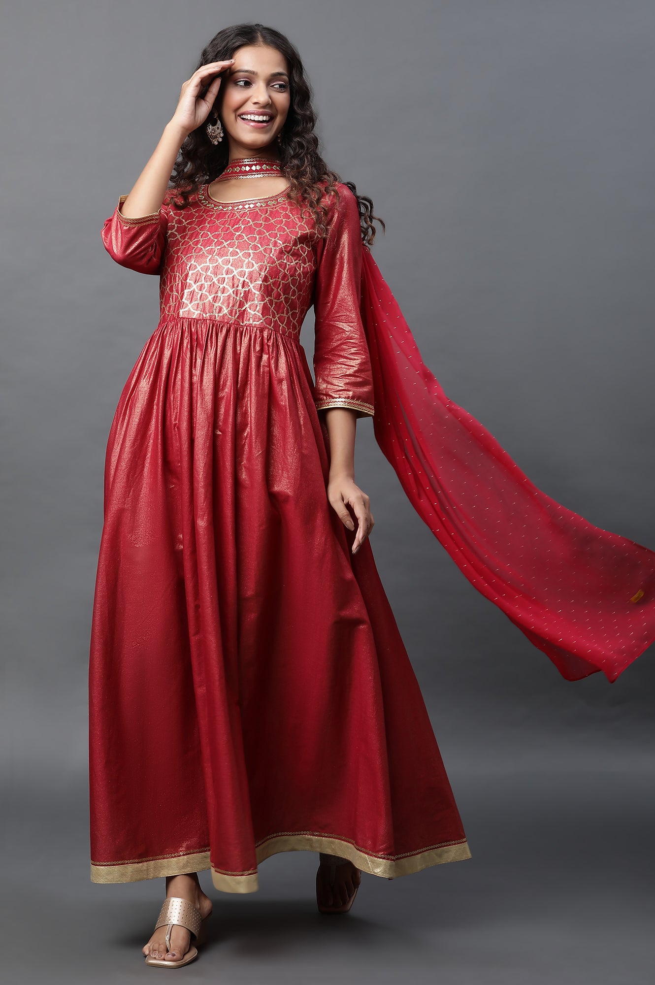 Maroon Embroidered Dress and Choker Dupatta Set