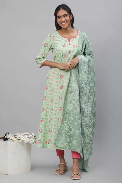 Green Printed Flared Kurta, Tights and Dupatta Set