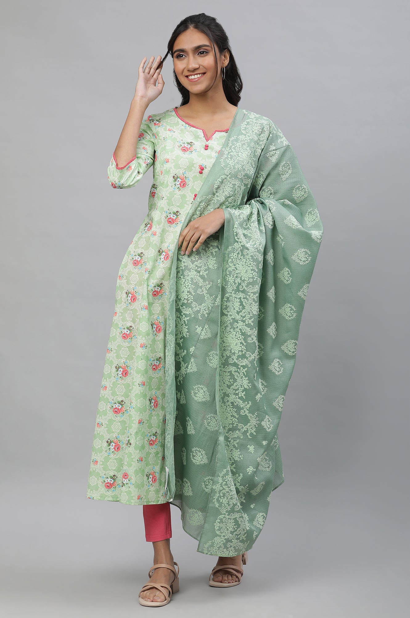 Green Printed Flared Kurta, Tights and Dupatta Set