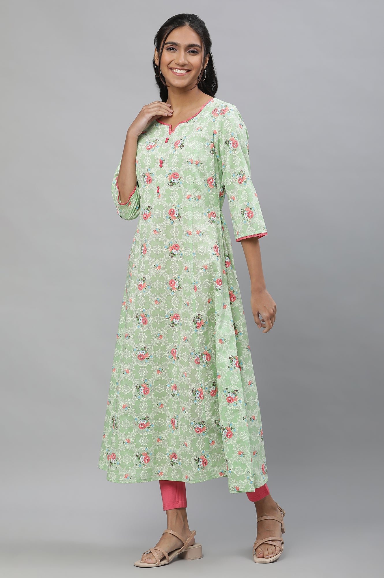 Green Printed Flared Kurta, Tights and Dupatta Set