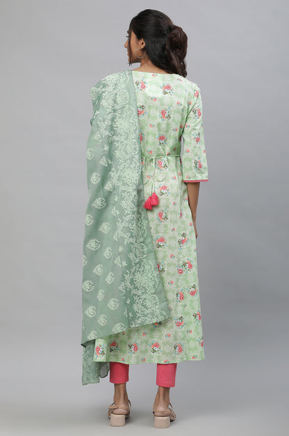 Green Printed Flared Kurta, Tights and Dupatta Set