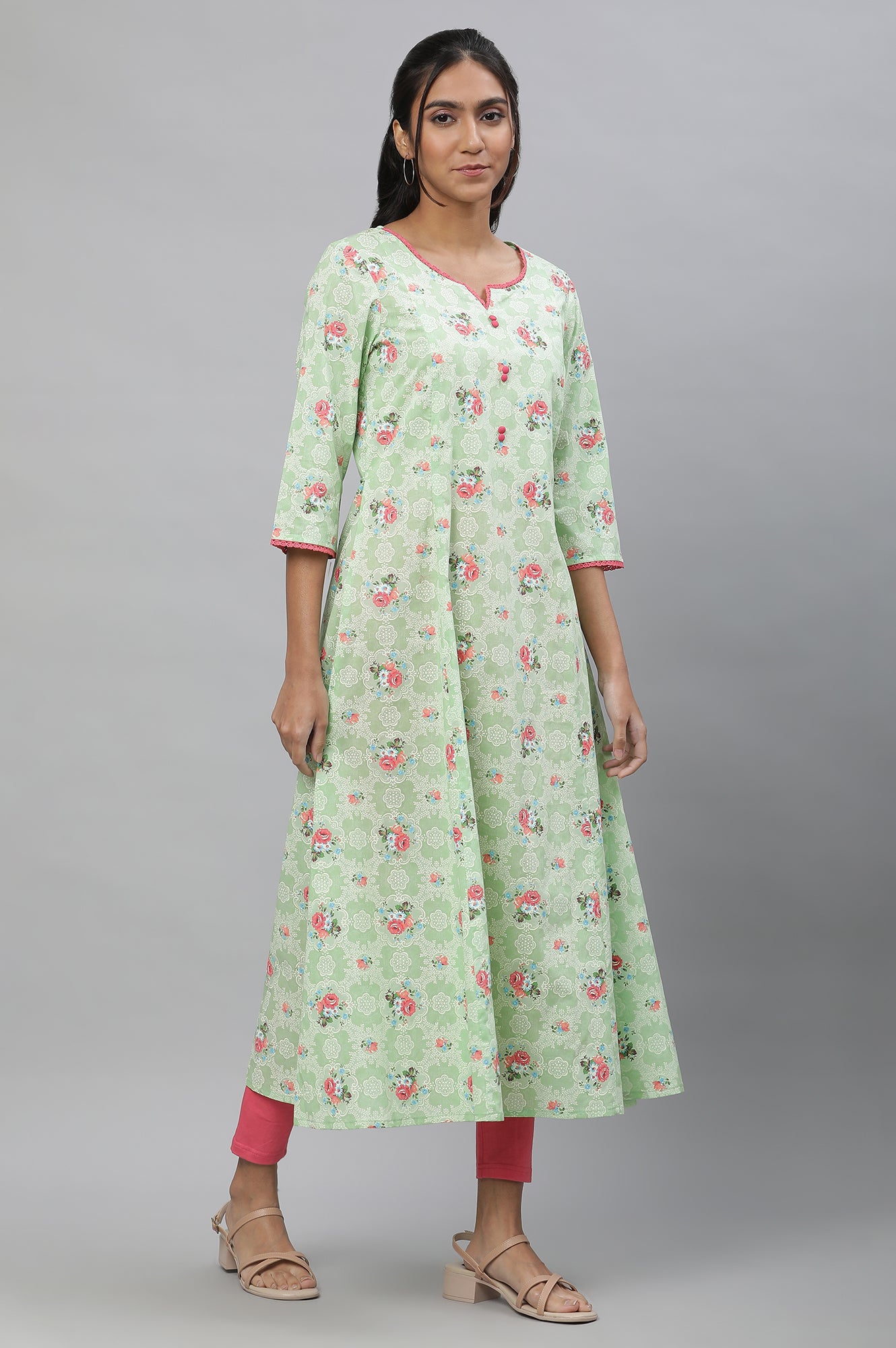 Green Printed Flared Kurta, Tights and Dupatta Set