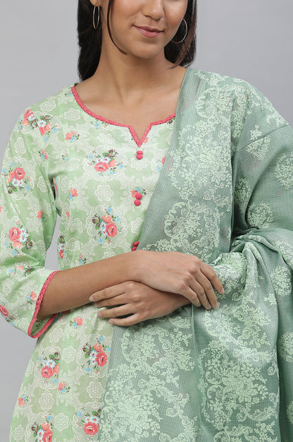 Green Printed Flared Kurta, Tights and Dupatta Set