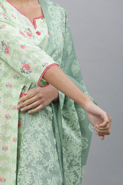 Green Printed Flared Kurta, Tights and Dupatta Set