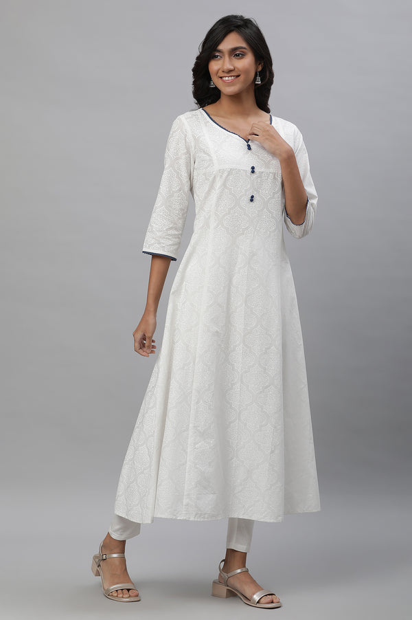 White A-line Floral Printed, Tights & Dupatta Set