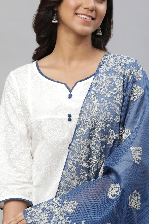 White A-line Floral Printed, Tights & Dupatta Set