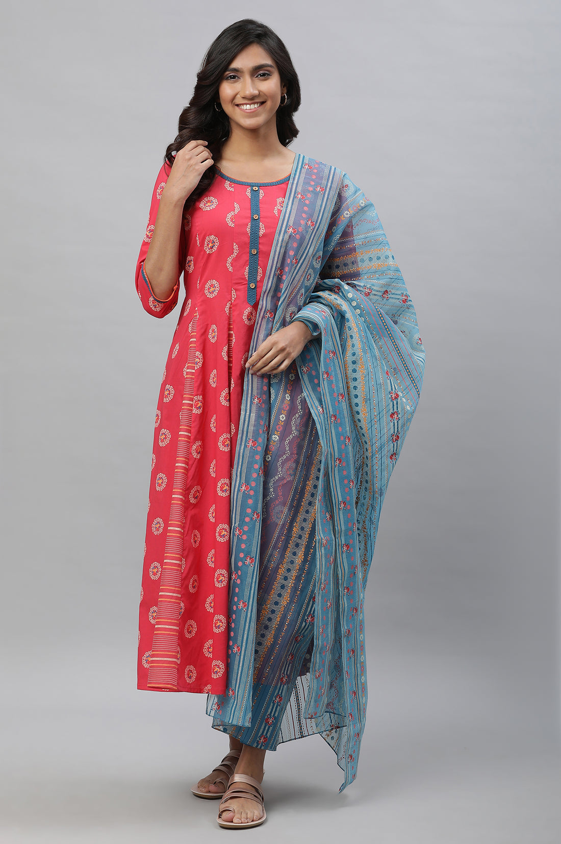 Pink Printed Anarkali Kurta, Tights and Dupatta