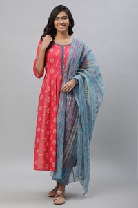 Pink Printed Anarkali Kurta, Tights and Dupatta