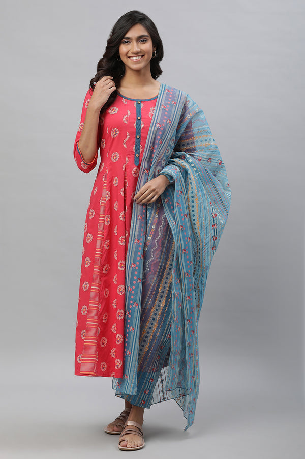 Pink Printed Anarkali Kurta, Tights and Dupatta