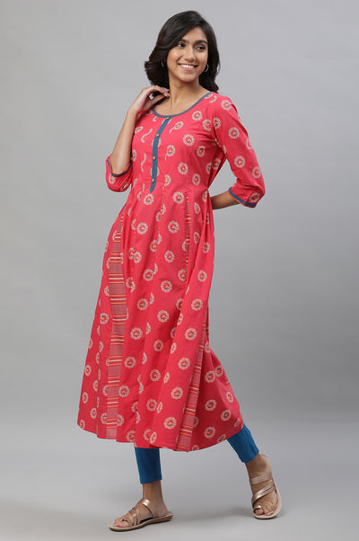Pink Printed Anarkali Kurta, Tights and Dupatta