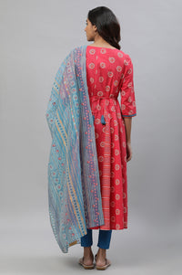 Pink Printed Anarkali Kurta, Tights and Dupatta