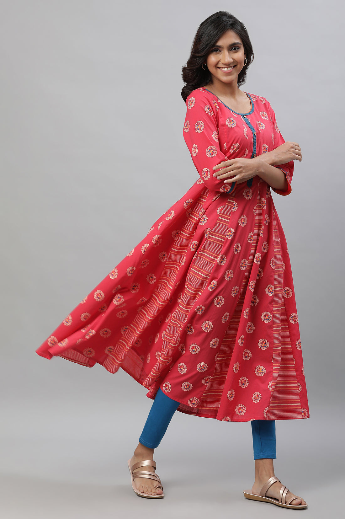 Pink Printed Anarkali Kurta, Tights and Dupatta