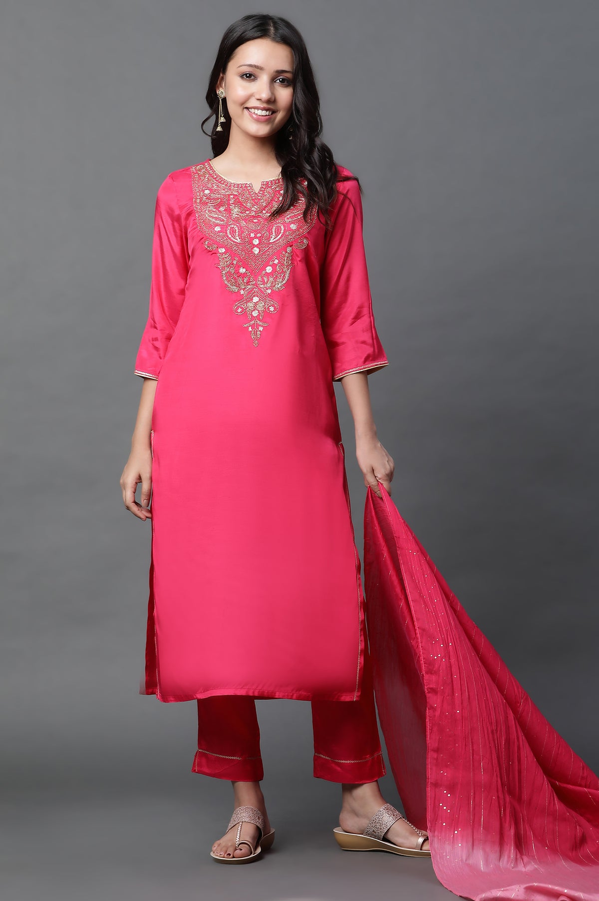 Dark Pink Dori Embroidered Kurta, Trousers and Dupatta Set - S