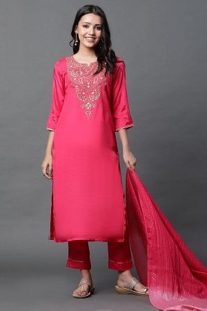 Dark Pink Dori Embroidered Kurta, Trousers and Dupatta Set