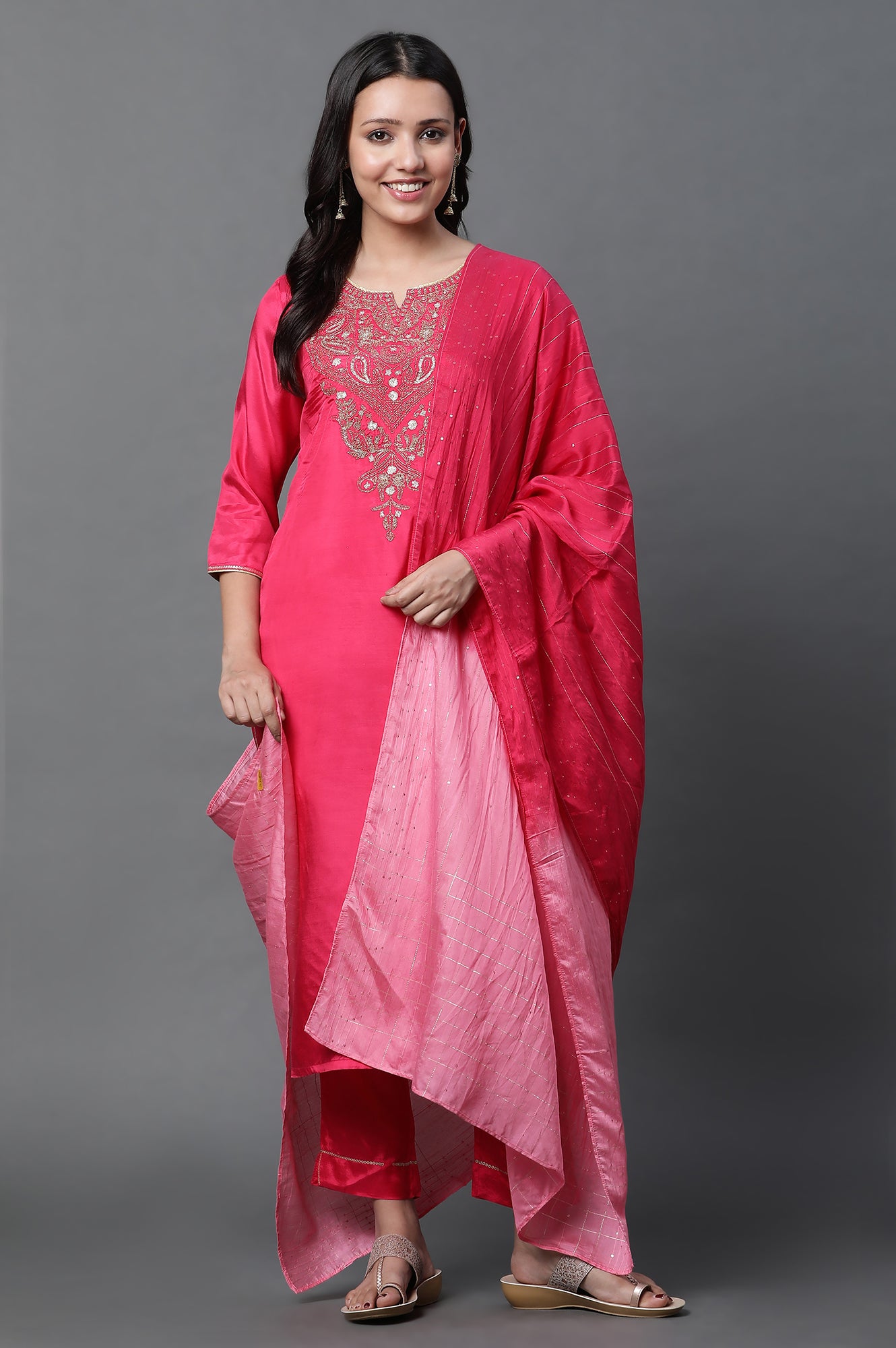 Dark Pink Dori Embroidered Kurta, Trousers and Dupatta Set