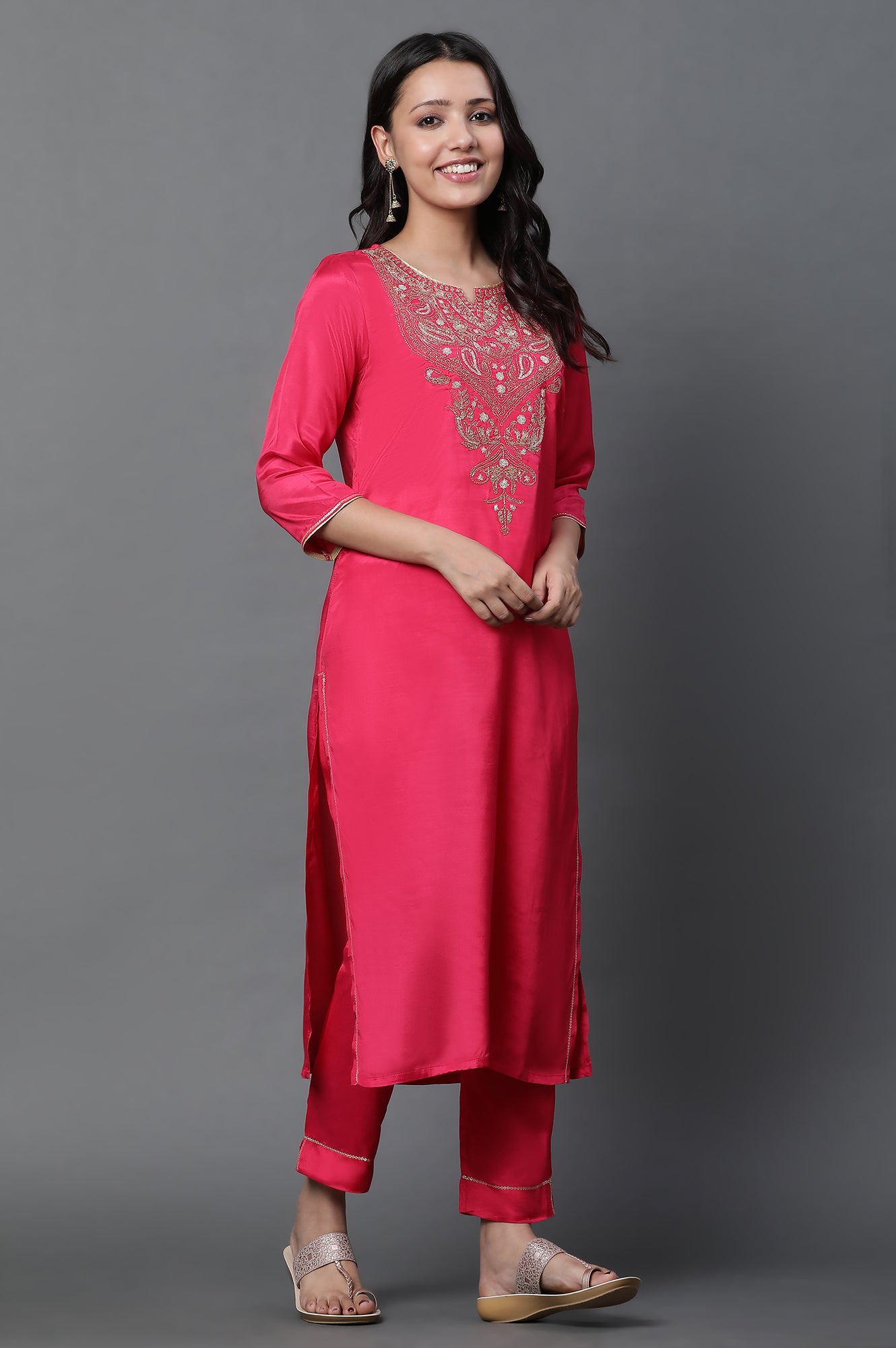 Dark Pink Dori Embroidered Kurta, Trousers and Dupatta Set