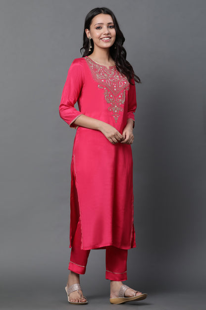 Dark Pink Dori Embroidered Kurta, Trousers and Dupatta Set