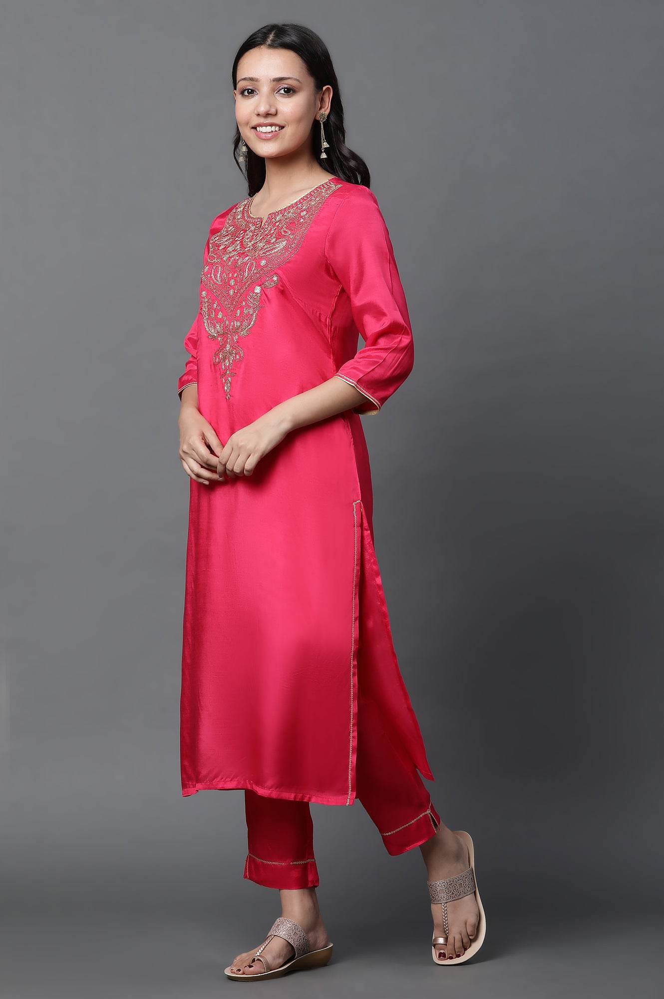 Dark Pink Dori Embroidered Kurta, Trousers and Dupatta Set