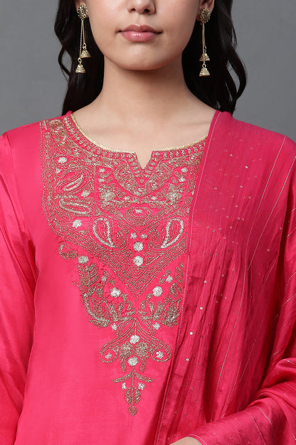 Dark Pink Dori Embroidered Kurta, Trousers and Dupatta Set