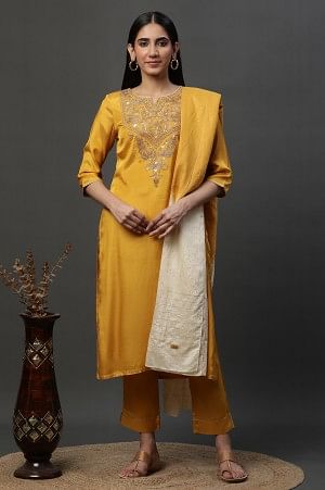 Yellow Dori Embroidered Kurta, Trousers and Dupatta Set