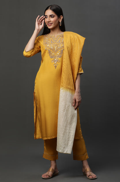 Yellow Dori Embroidered Kurta, Trousers and Dupatta Set