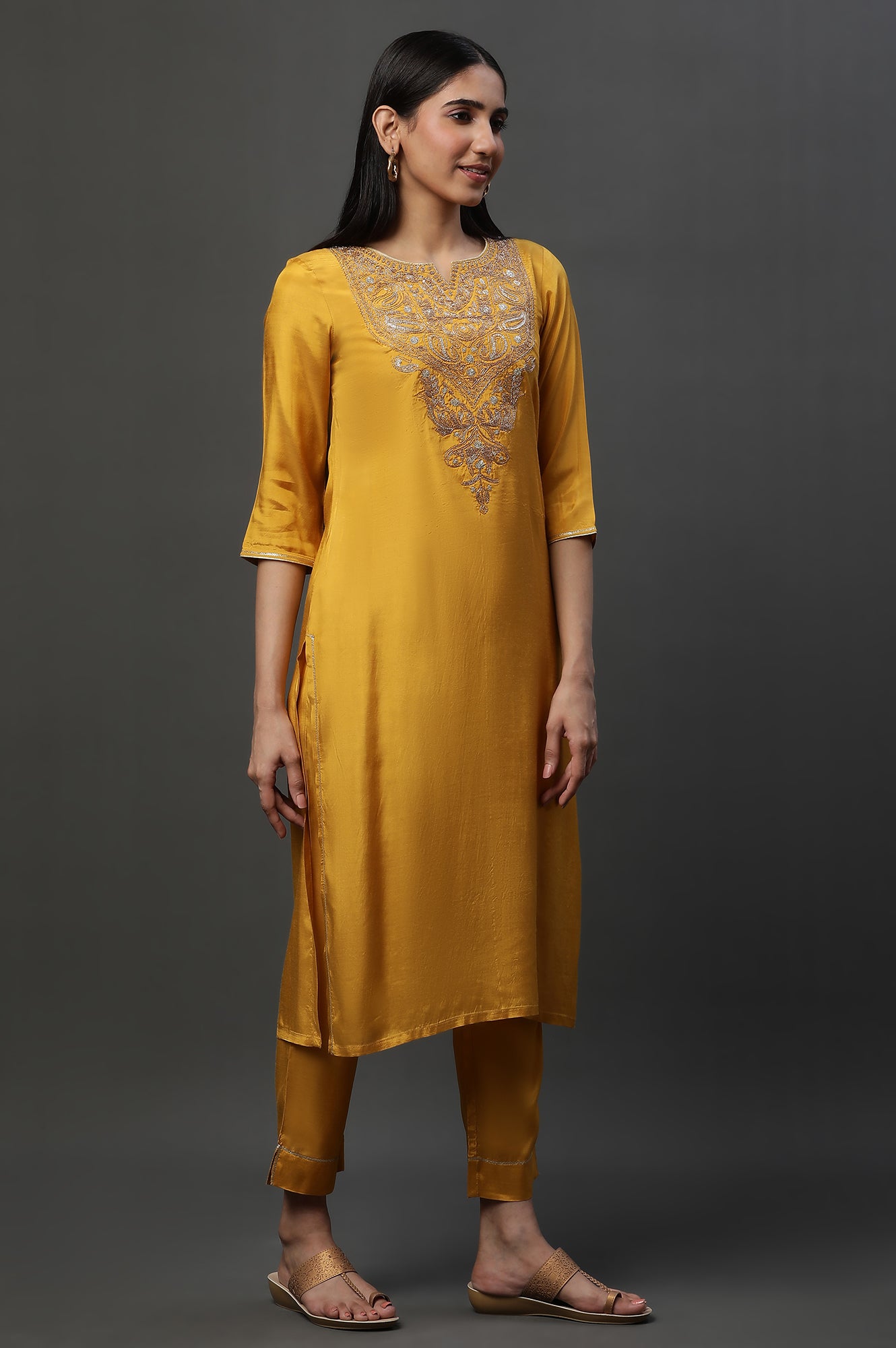 Yellow Dori Embroidered Kurta, Trousers and Dupatta Set