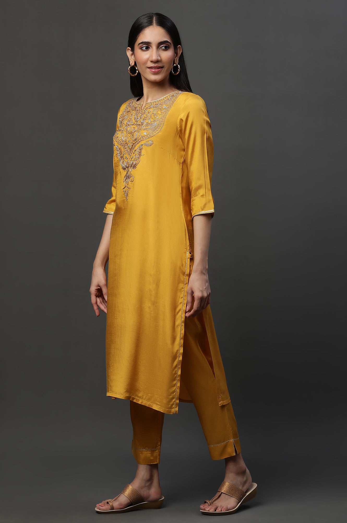 Yellow Dori Embroidered Kurta, Trousers and Dupatta Set