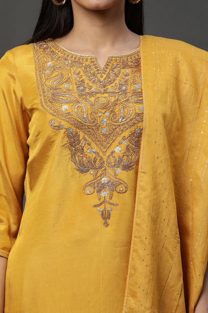 Yellow Dori Embroidered Kurta, Trousers and Dupatta Set