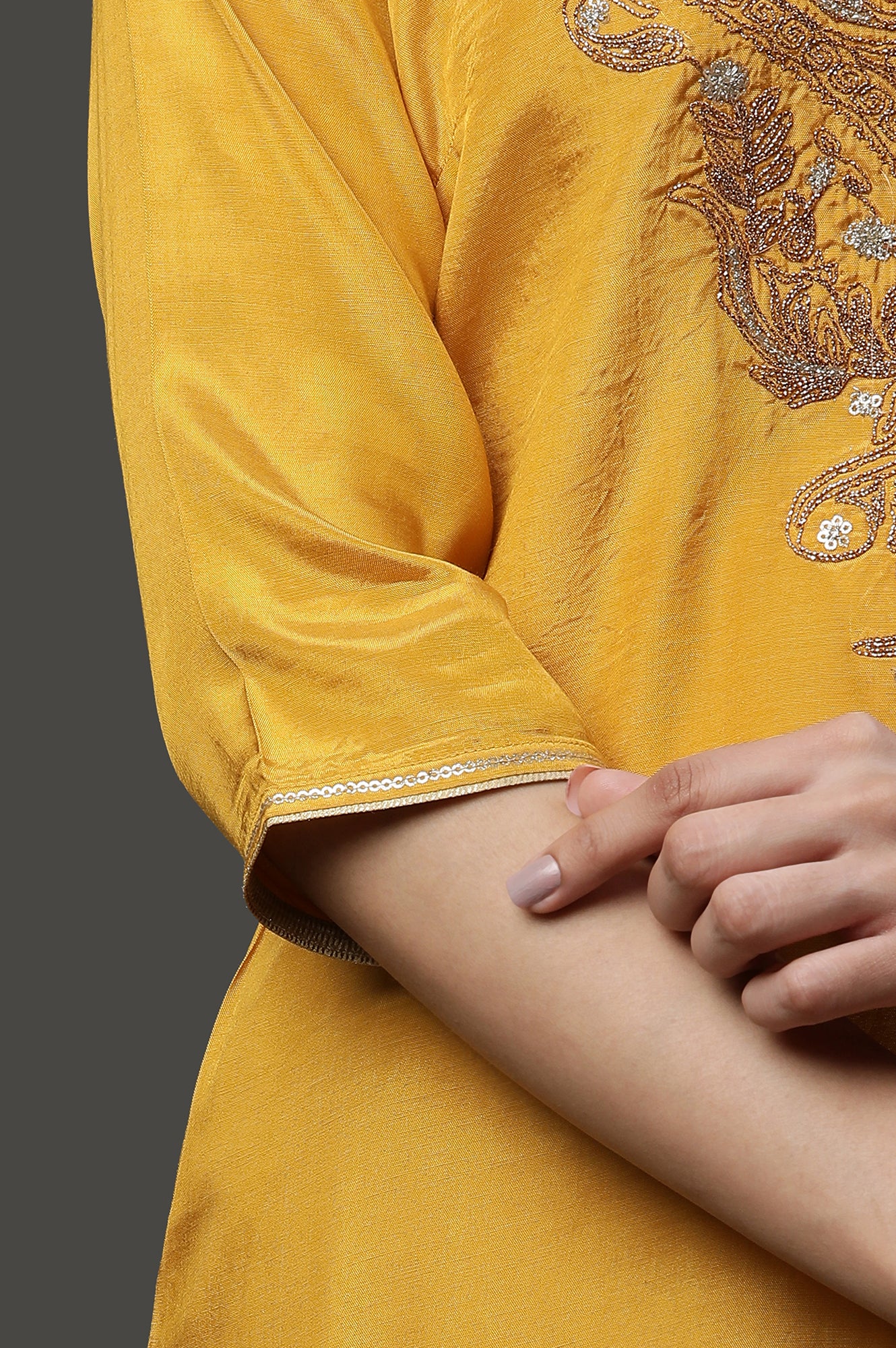 Yellow Dori Embroidered Kurta, Trousers and Dupatta Set