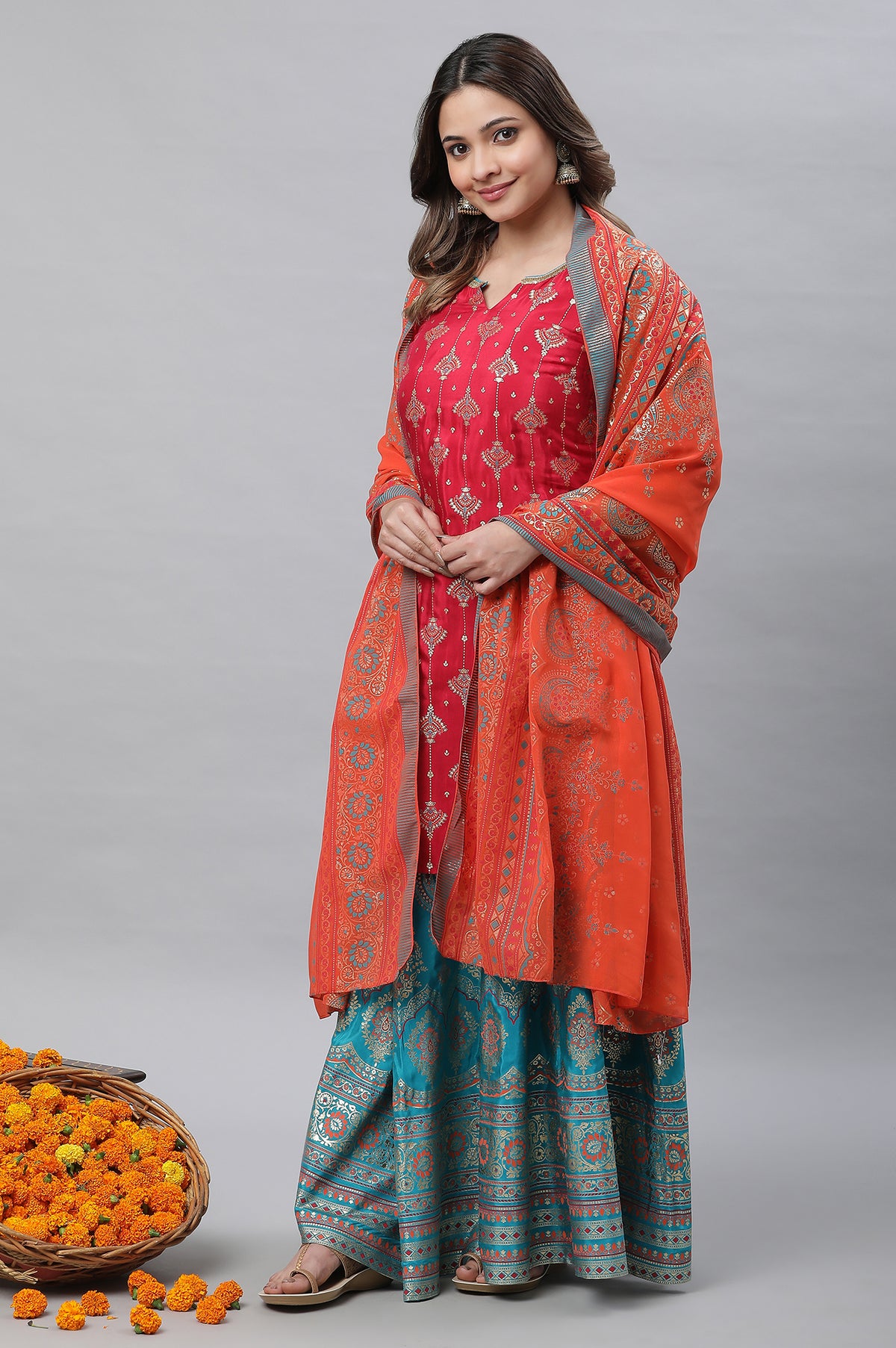 Red Printed Festive Kurta, Skirt and Dupatta Set - XS