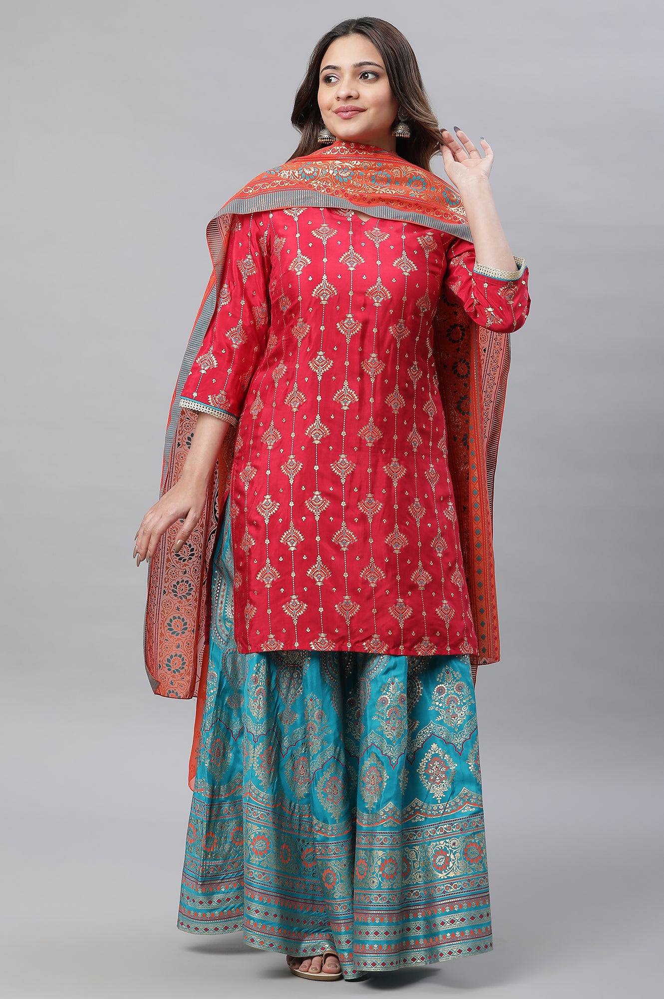 Red Printed Festive Kurta, Skirt and Dupatta Set