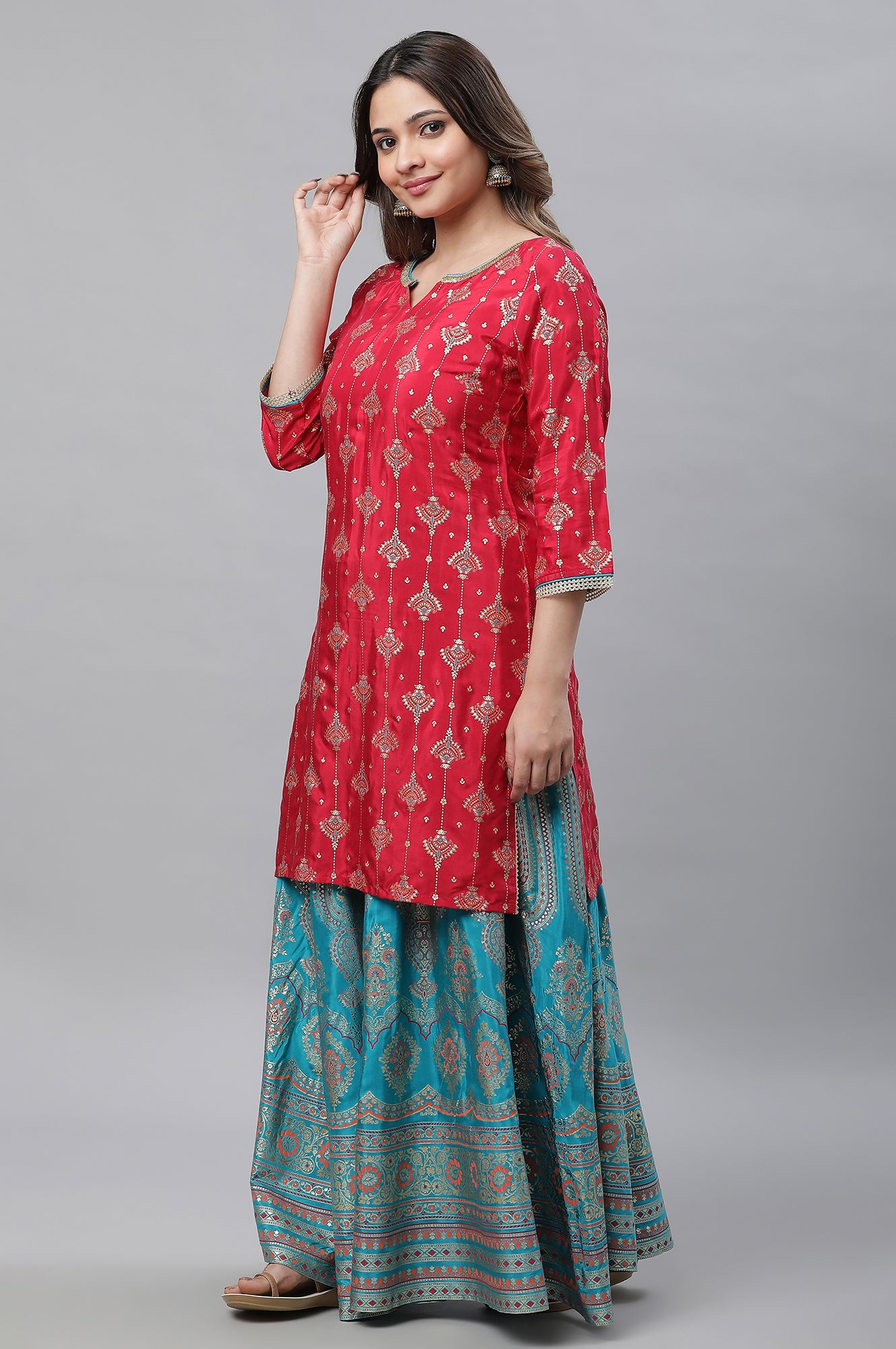 Red Printed Festive Kurta, Skirt and Dupatta Set