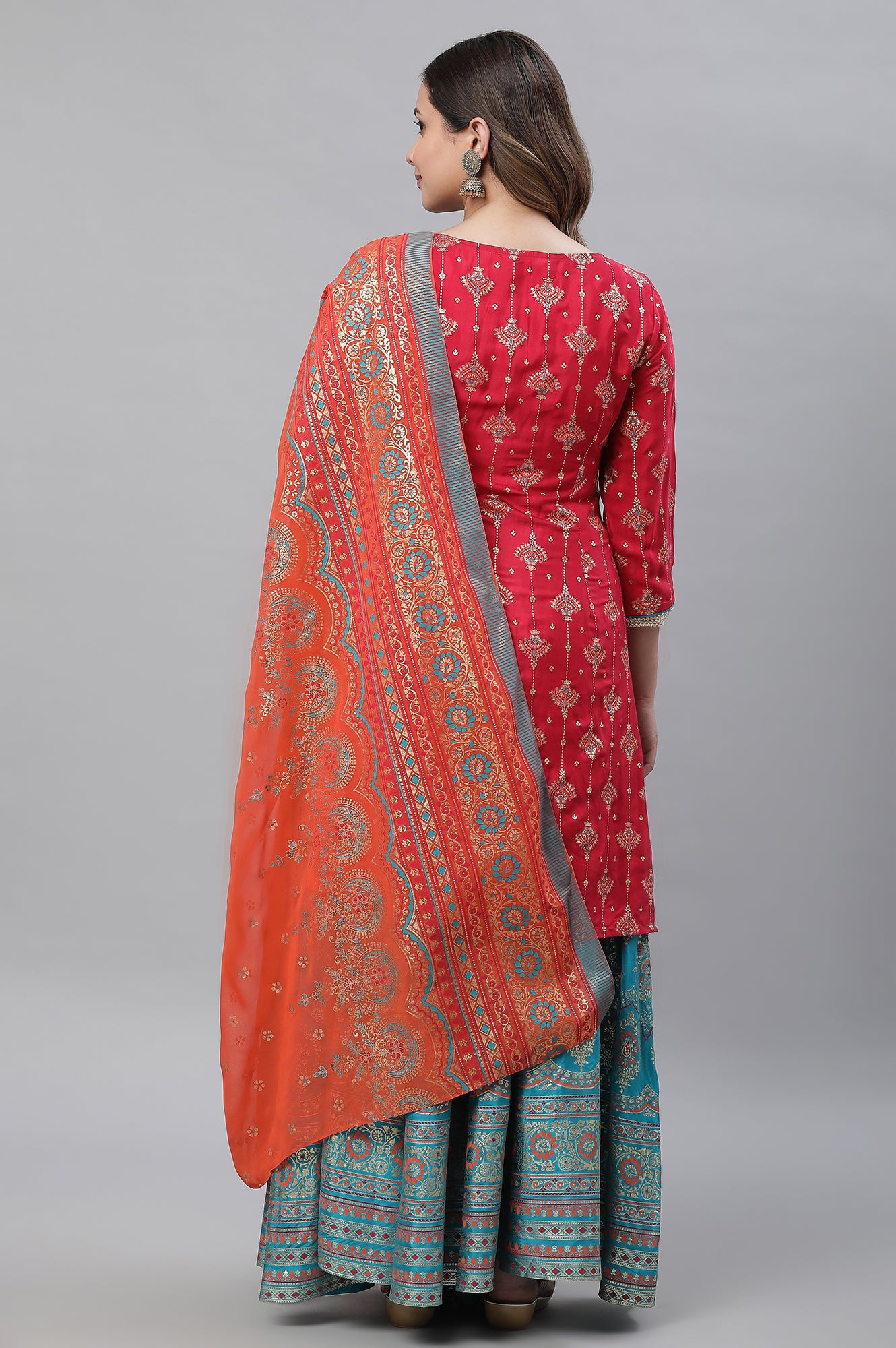 Red Printed Festive Kurta, Skirt and Dupatta Set