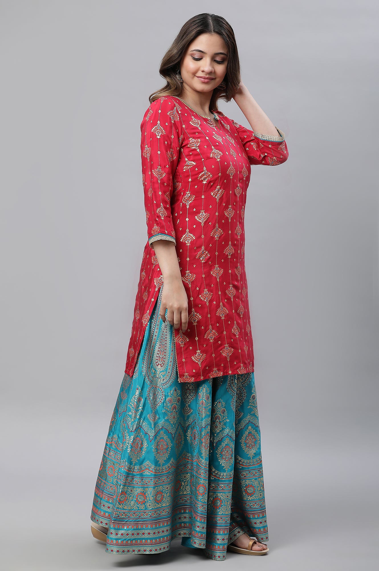 Red Printed Festive Kurta, Skirt and Dupatta Set