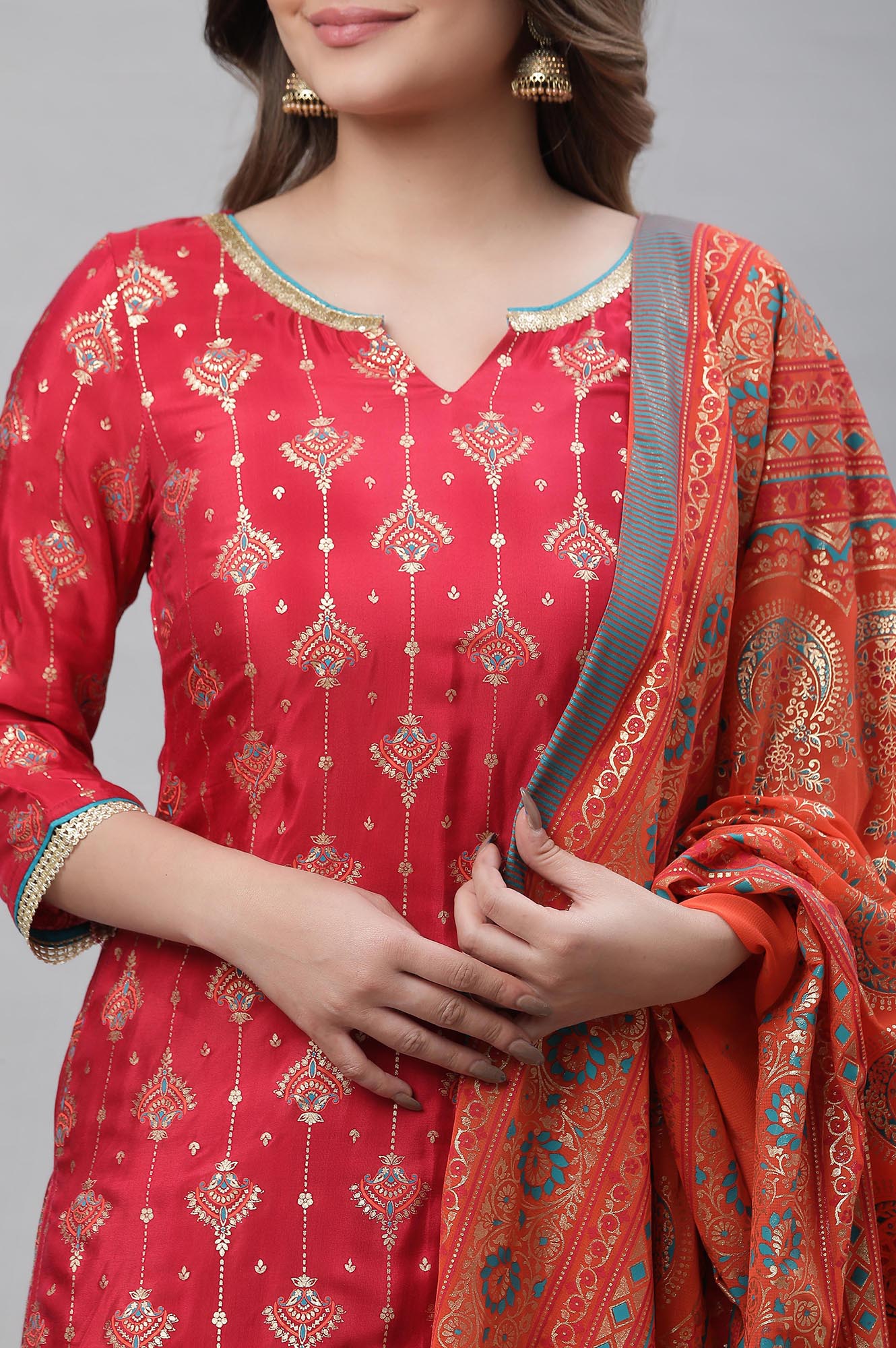 Red Printed Festive Kurta, Skirt and Dupatta Set