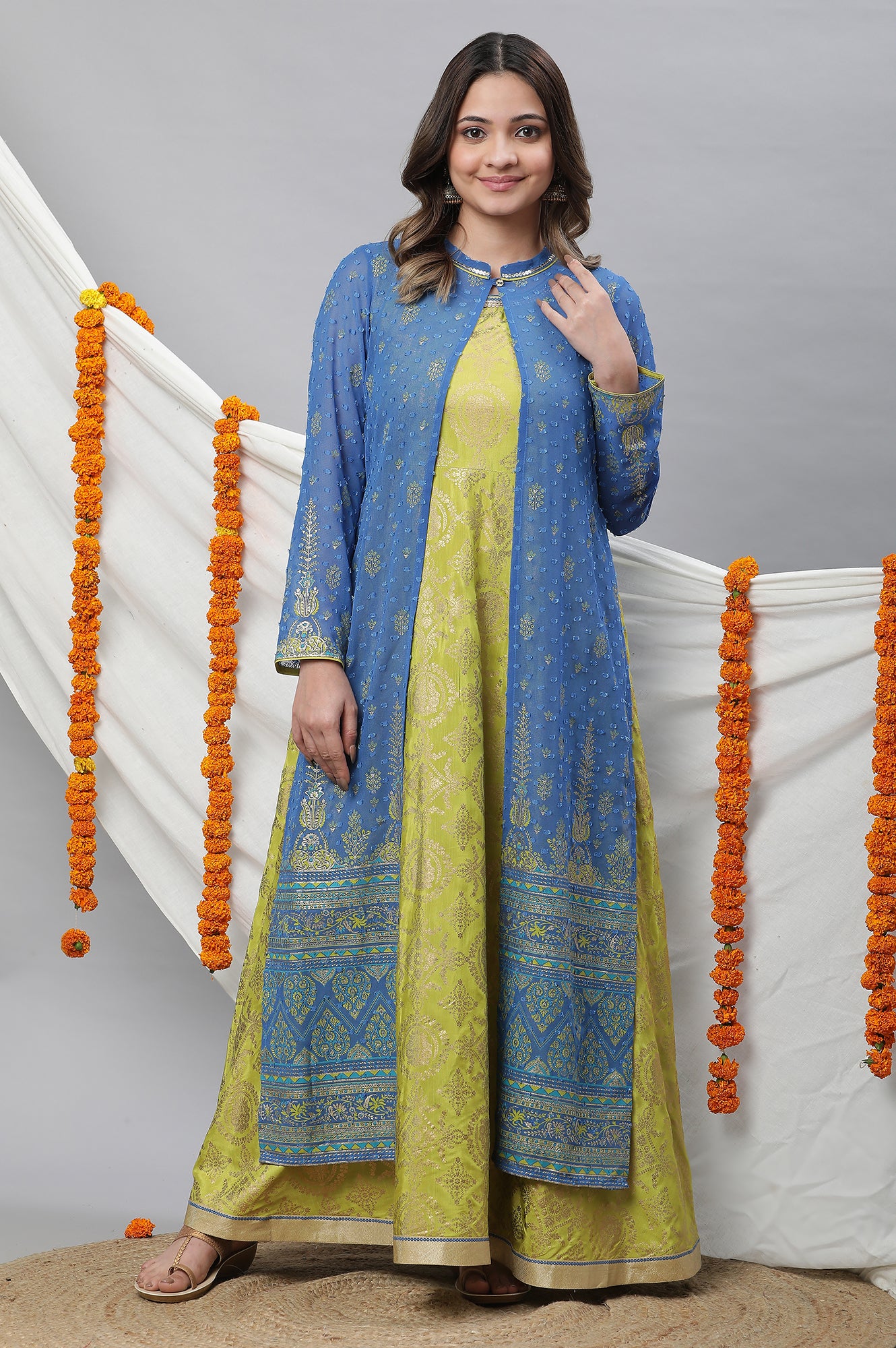 Green Embellished Long Kurta &amp; Blue Gilet Set