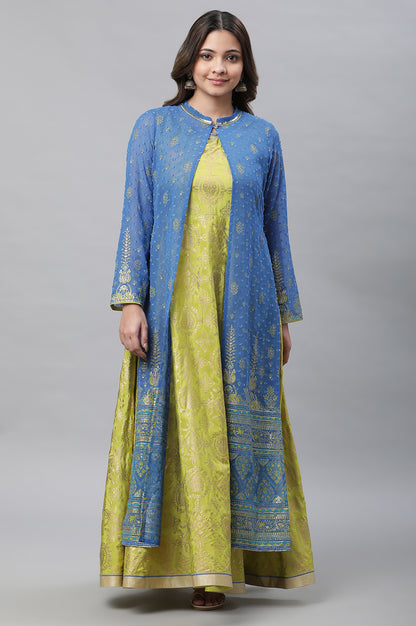 Green Embellished Long Kurta &amp; Blue Gilet Set