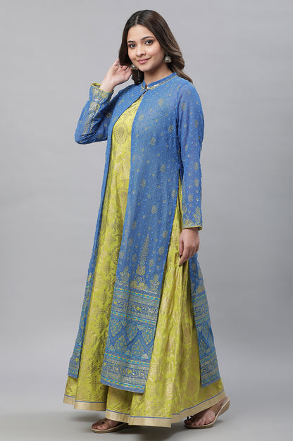 Green Embellished Long Kurta &amp; Blue Gilet Set