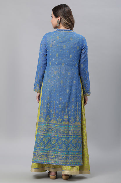 Green Embellished Long Kurta &amp; Blue Gilet Set