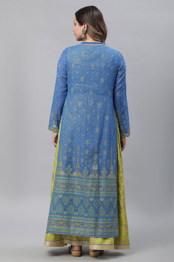 Green Embellished Long Kurta & Blue Gilet Set
