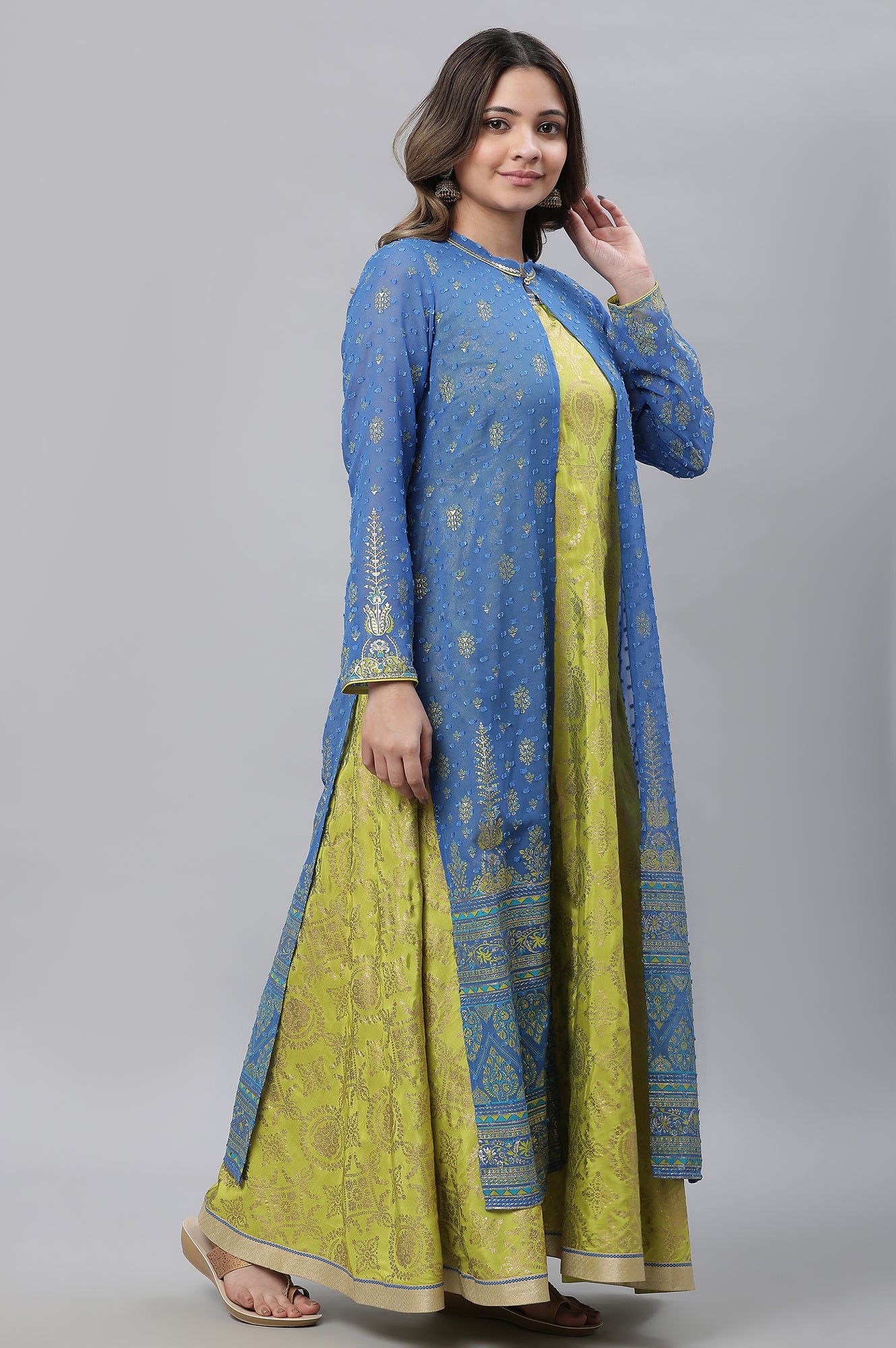 Green Embellished Long Kurta &amp; Blue Gilet Set