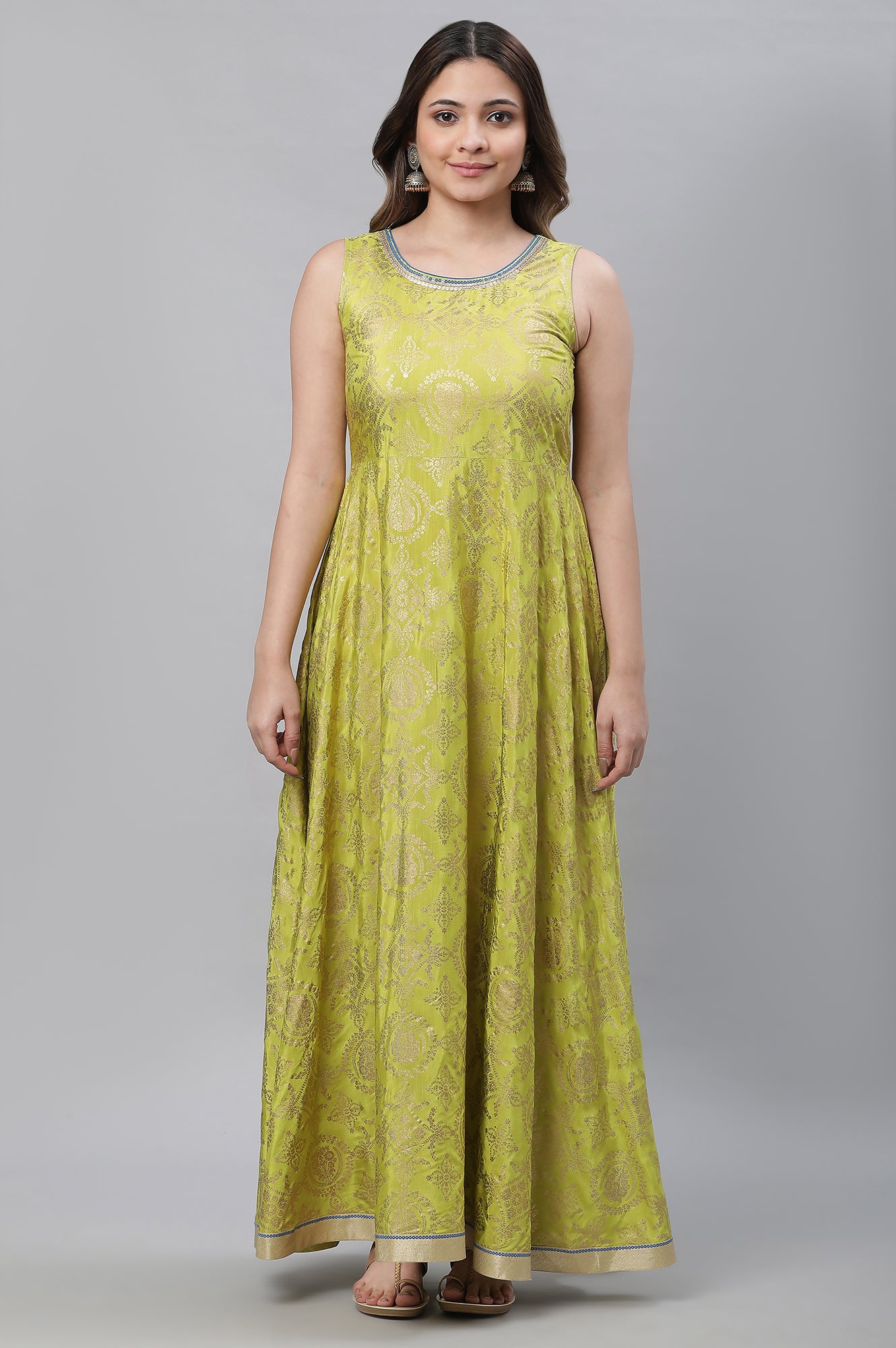 Green Embellished Long Kurta &amp; Blue Gilet Set