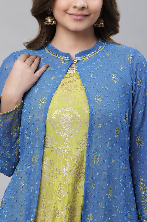 Green Embellished Long Kurta & Blue Gilet Set