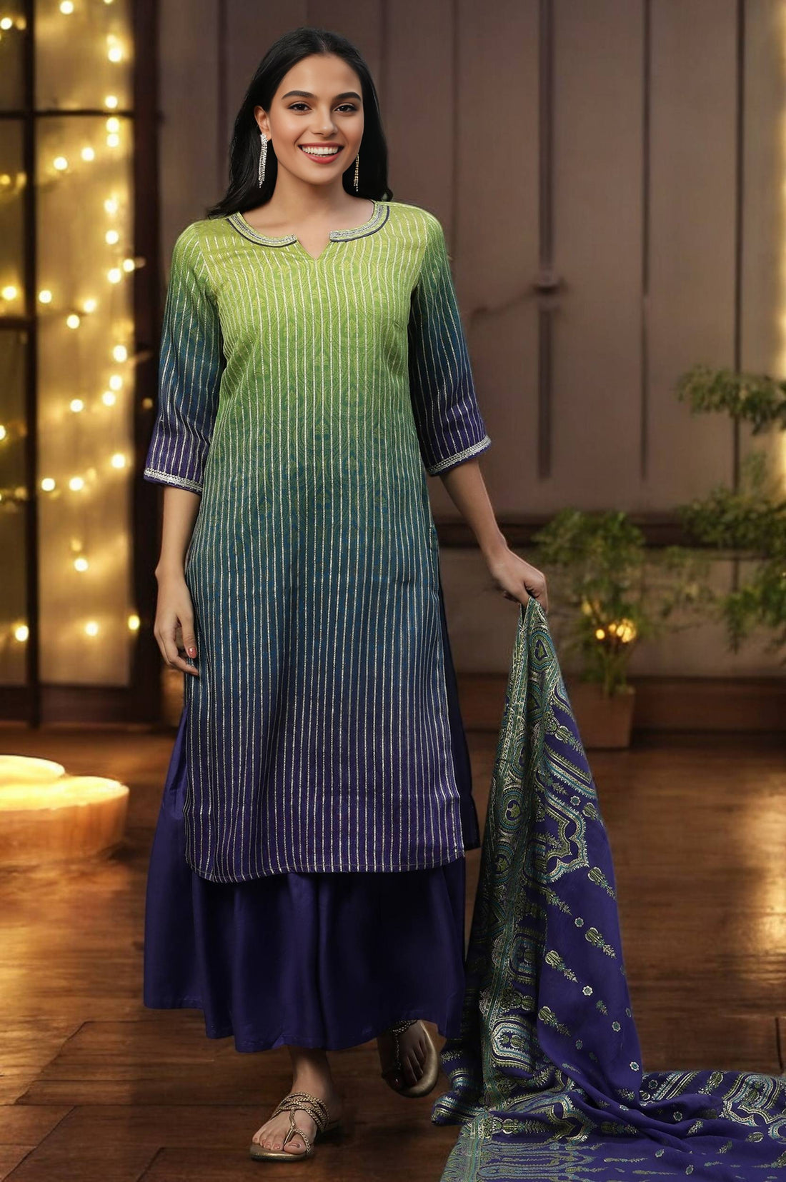 Purple Ombre Festive Short Kurta, Sharara and Dupatta Set