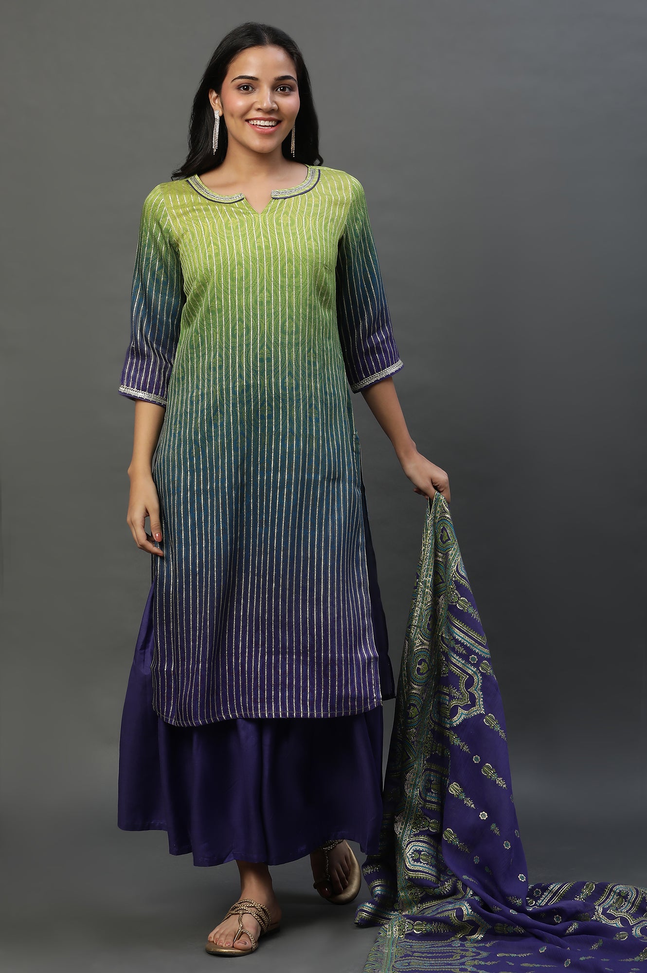 Purple Ombre Festive Short Kurta, Sharara and Dupatta Set