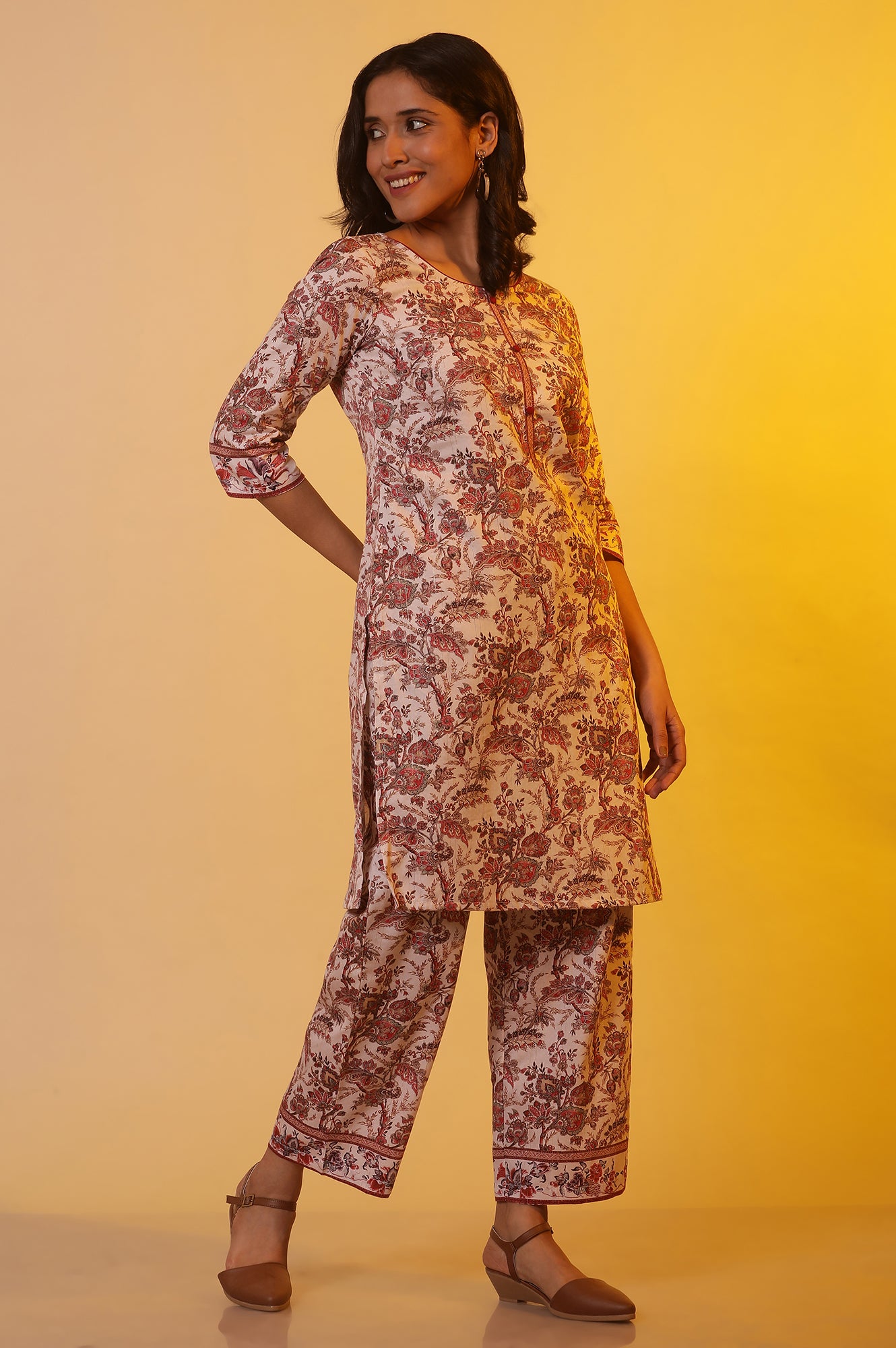 Cream Floral Printed Kurta and Palazzo Co-ord Set