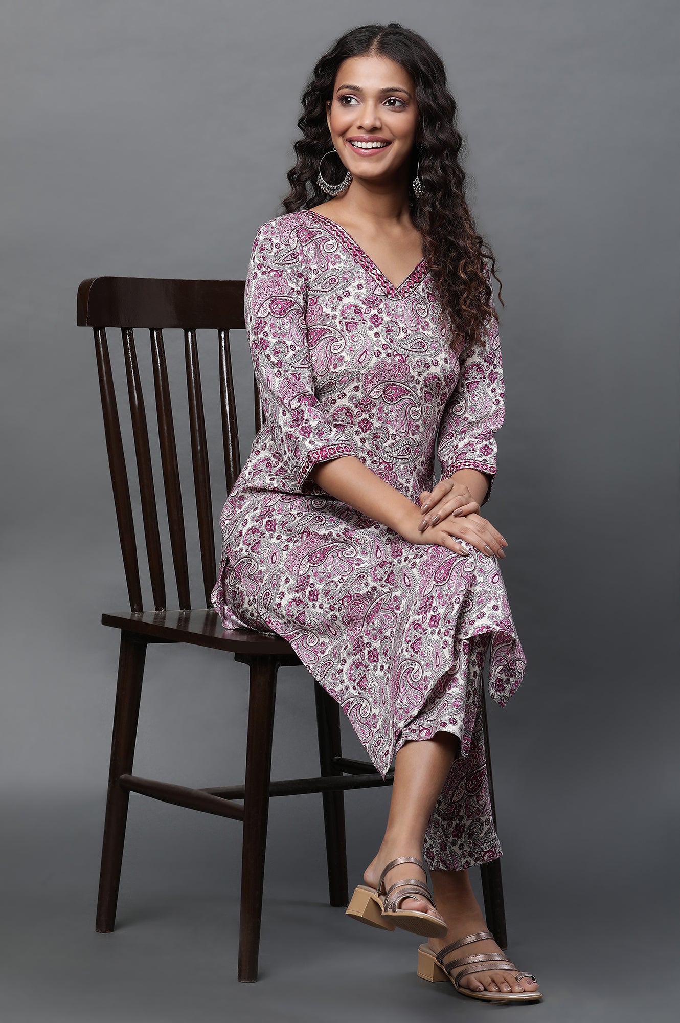 White and Purple Floral Printed Kurta and Pants Co-ord Set