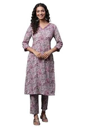 White and Purple Floral Printed Kurta and Pants Co-ord Set